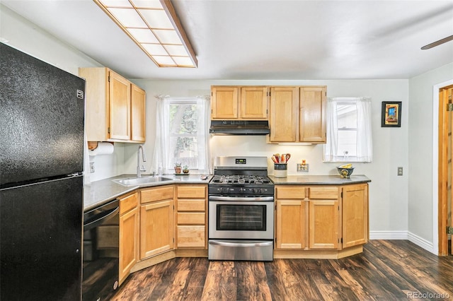 4285 Newland St, Wheat Ridge, CO 80033 - kitchen with black appliances, a sink, under cabinet range hood, and dark wood-style floors