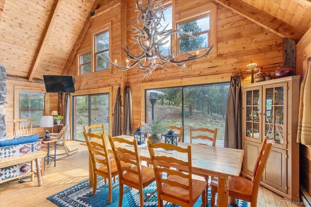 dining room featuring beam ceiling, high vaulted ceiling, light hardwood / wood-style flooring, and plenty of natural light