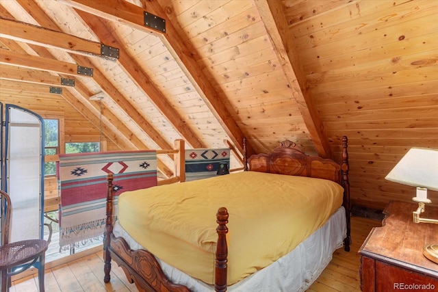 bedroom featuring vaulted ceiling with beams, wooden ceiling, and light hardwood / wood-style flooring