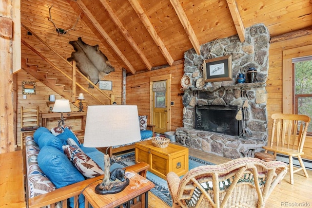 unfurnished living room with hardwood / wood-style floors, vaulted ceiling with beams, wood walls, and a fireplace