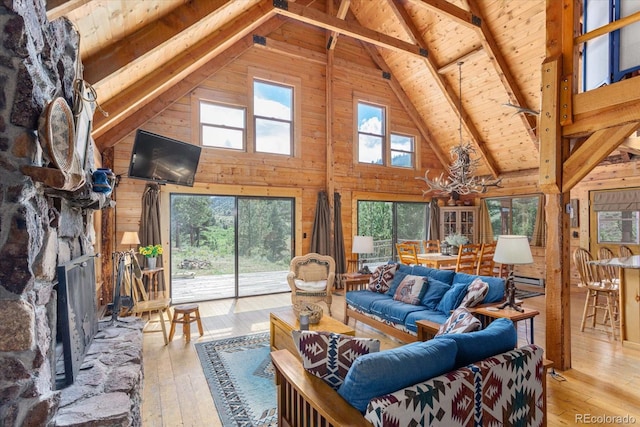 living room featuring wood walls, high vaulted ceiling, light hardwood / wood-style flooring, a notable chandelier, and beam ceiling