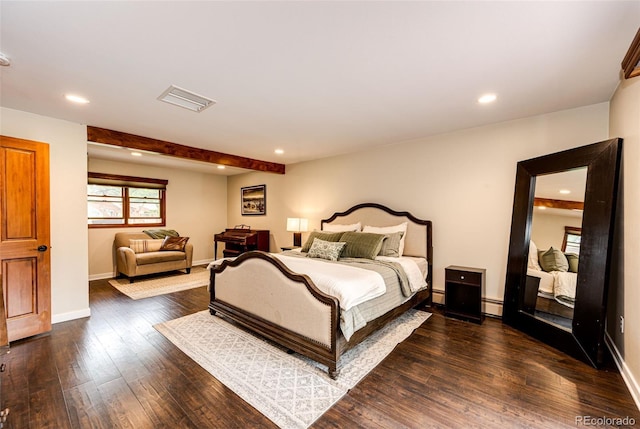 8788 E Tanglewood Rd, Franktown, CO 80116 - bedroom featuring a baseboard radiator, hardwood / wood-style floors, recessed lighting, and baseboards