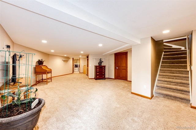 8788 E Tanglewood Rd, Franktown, CO 80116 - finished below grade area featuring baseboards, stairs, carpet flooring, and recessed lighting