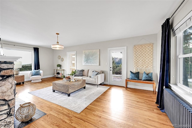 living room with light hardwood / wood-style floors and radiator