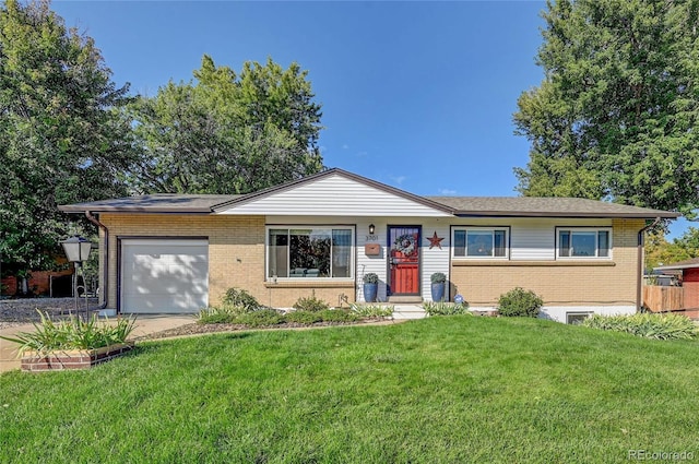 single story home with a garage and a front yard