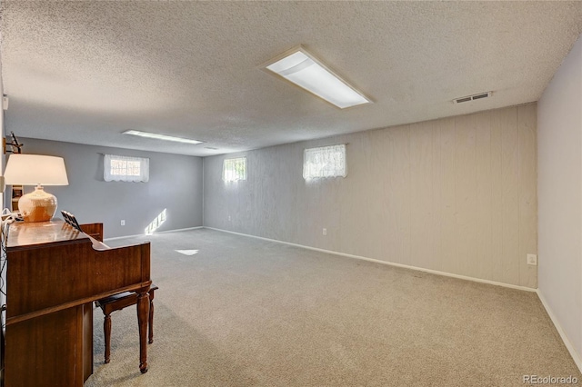 basement with carpet and a textured ceiling