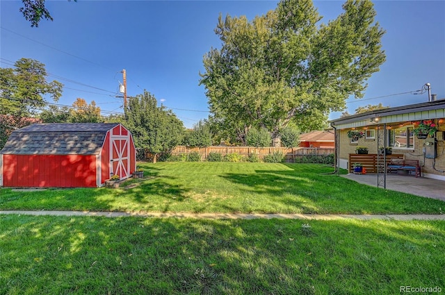 view of yard with a storage unit and a patio area