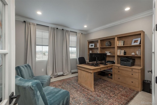 office area with baseboards, ornamental molding, and recessed lighting