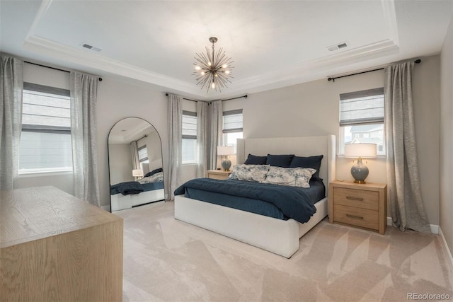 bedroom featuring a raised ceiling, light colored carpet, a notable chandelier, and visible vents