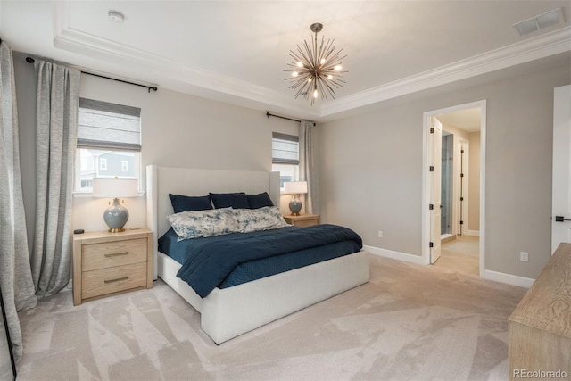 bedroom featuring a tray ceiling, multiple windows, visible vents, and light colored carpet