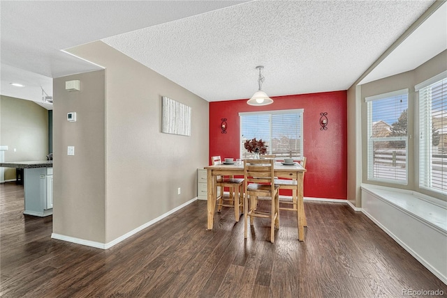 dining room with a textured ceiling, a wealth of natural light, and dark wood-type flooring