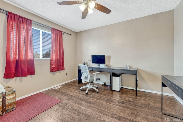 office space with ceiling fan, hardwood / wood-style floors, and a textured ceiling