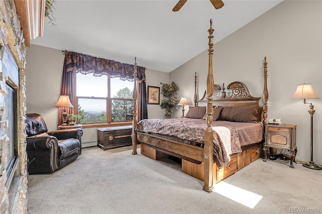 carpeted bedroom with ceiling fan and baseboard heating