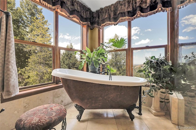 bathroom featuring a freestanding tub and tile patterned floors