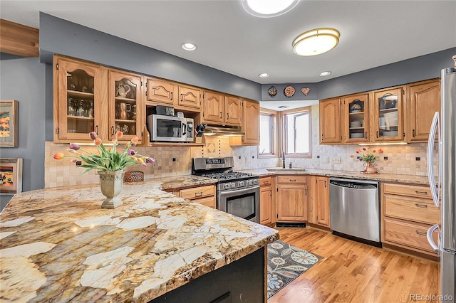 kitchen featuring appliances with stainless steel finishes, tasteful backsplash, a sink, under cabinet range hood, and light wood-style flooring