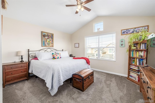 carpeted bedroom with ceiling fan and lofted ceiling