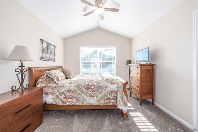 carpeted bedroom featuring vaulted ceiling and ceiling fan