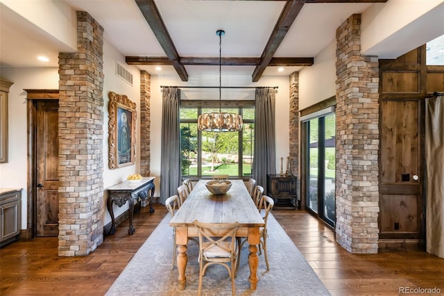 7767 Dante Dr, Littleton, CO 80125 - dining space with dark wood-style floors, plenty of natural light, beamed ceiling, and a chandelier