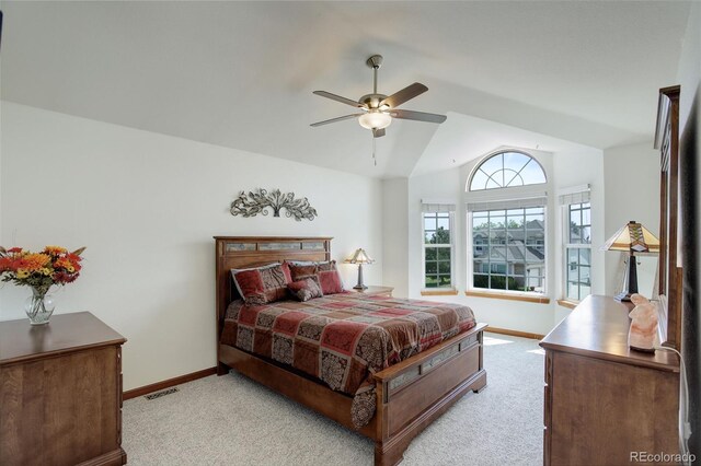 1825 Keota Ln, Superior, CO 80027 - bedroom with light colored carpet, baseboards, vaulted ceiling, and ceiling fan