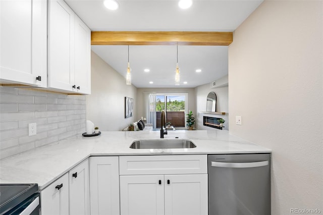 4274 S Salida Way Unit 3, Aurora, CO 80013 - kitchen with stainless steel dishwasher, a sink, decorative backsplash, white cabinetry, and light stone counters
