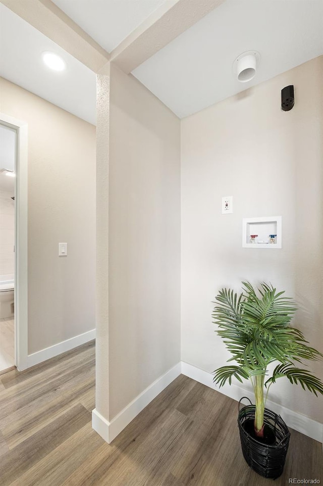 4274 S Salida Way Unit 3, Aurora, CO 80013 - laundry area with electric dryer hookup, washer hookup, light wood-style floors, baseboards, and recessed lighting