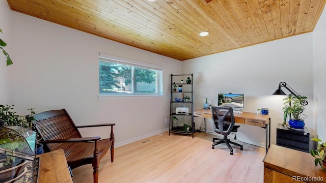 home office featuring wood ceiling, light wood-style flooring, and baseboards