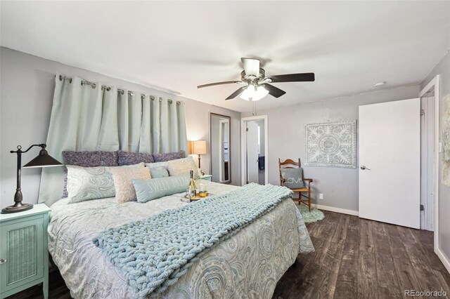 bedroom with baseboards, a ceiling fan, and dark wood-style floors