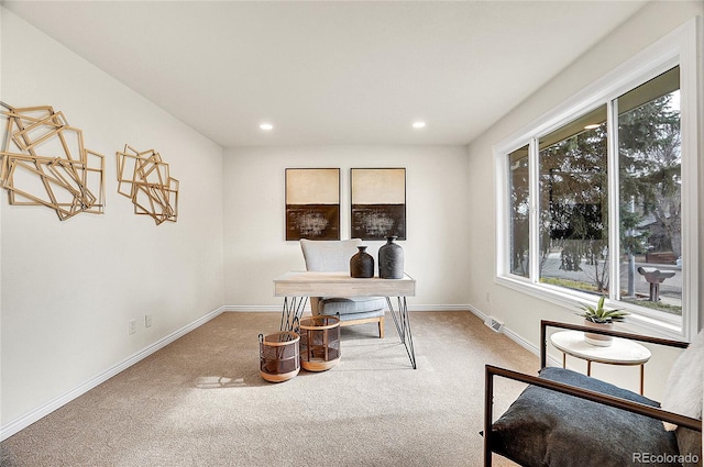 carpeted home office featuring visible vents, recessed lighting, and baseboards