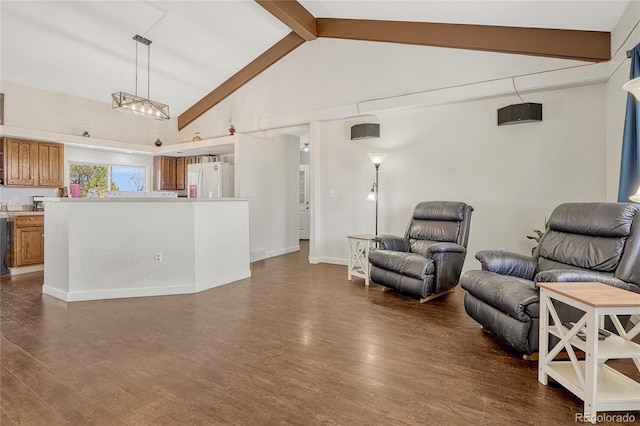 34358 Goldenrod Cir, Kiowa, CO 80117 - living room with beam ceiling, dark wood-style flooring, baseboards, and high vaulted ceiling