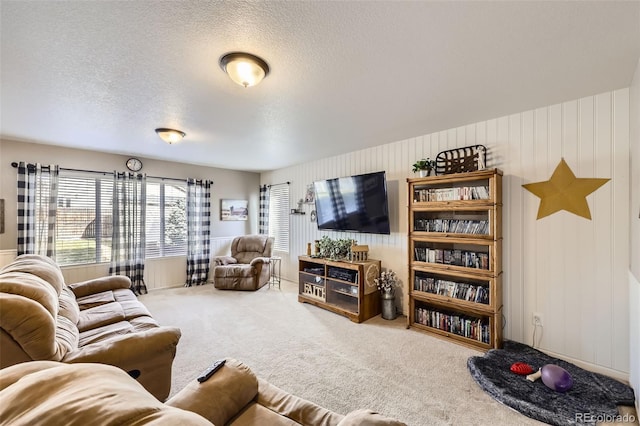 carpeted living room with a textured ceiling