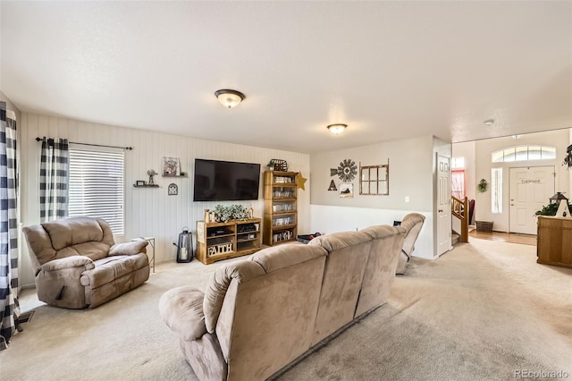 living room with light colored carpet