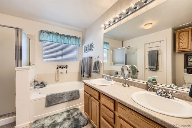 bathroom with vanity and separate shower and tub