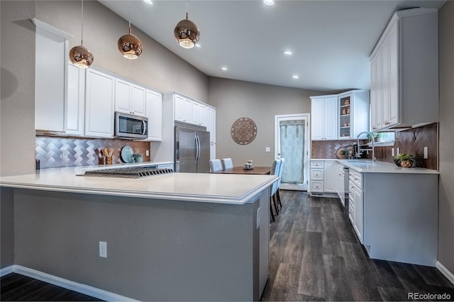 123 Blue Stem St, Brighton, CO 80601 - kitchen with stainless steel appliances, lofted ceiling, a peninsula, dark wood-style flooring, and light countertops