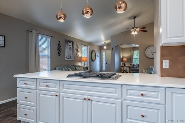 123 Blue Stem St, Brighton, CO 80601 - kitchen with open floor plan, stainless steel gas cooktop, ceiling fan, healthy amount of natural light, and vaulted ceiling