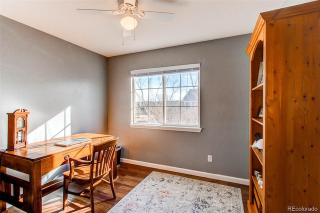 home office featuring baseboards, dark wood finished floors, and a ceiling fan