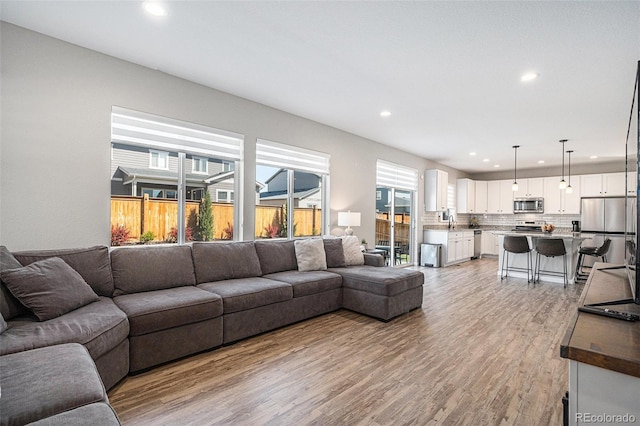 living area featuring light wood finished floors and recessed lighting