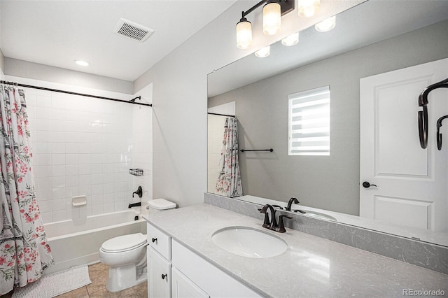 full bath with vanity, shower / bath combination with curtain, toilet, visible vents, and recessed lighting