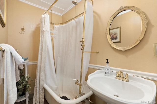 27425 Spruce Ln, Evergreen, CO 80439 - full bath with a sink, ornamental molding, and shower / bathtub combination with curtain