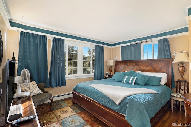 bedroom with a baseboard radiator, dark wood-type flooring, and ornamental molding