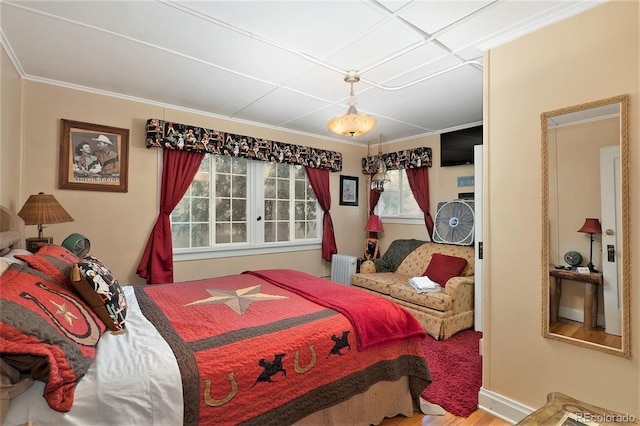 27425 Spruce Ln, Evergreen, CO 80439 - bedroom with wood finished floors, radiator heating unit, and crown molding