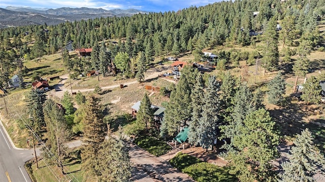 27425 Spruce Ln, Evergreen, CO 80439 - aerial overview of property's location with a forest and mountains