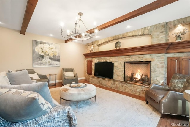 16092 Waving Branch Way, Colorado Springs, CO 80908 - living area with beamed ceiling, a chandelier, wood finished floors, recessed lighting, and baseboards