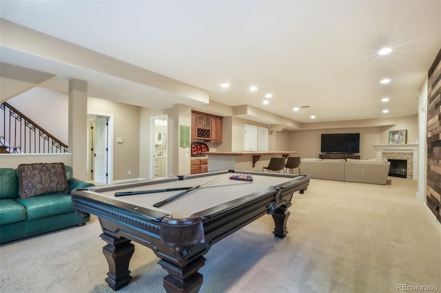 16092 Waving Branch Way, Colorado Springs, CO 80908 - playroom featuring carpet flooring, recessed lighting, billiards table, and a stone fireplace