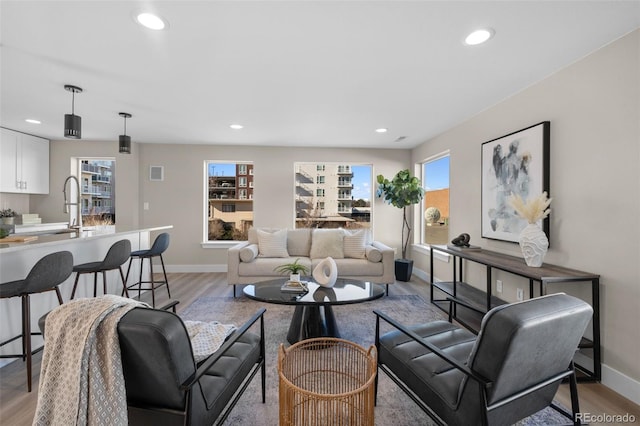 living room featuring sink and light hardwood / wood-style flooring