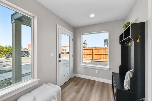 doorway featuring baseboards, recessed lighting, and wood finished floors