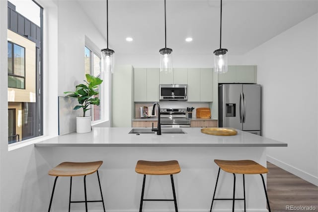 kitchen with hanging light fixtures, dark hardwood / wood-style flooring, sink, and appliances with stainless steel finishes