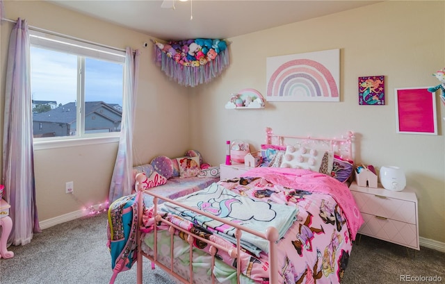 carpeted bedroom with ceiling fan