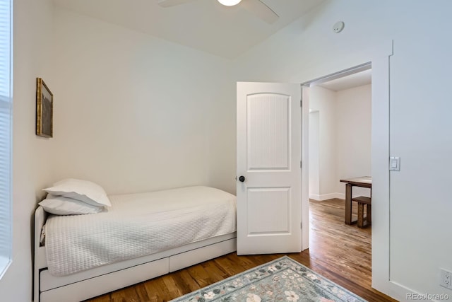 bedroom featuring ceiling fan and wood finished floors