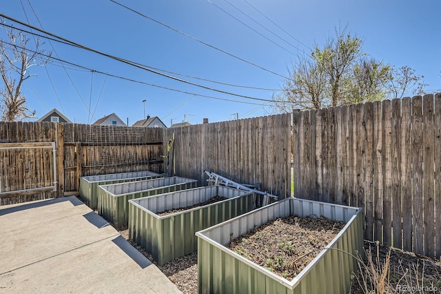 exterior space featuring a fenced backyard and a vegetable garden
