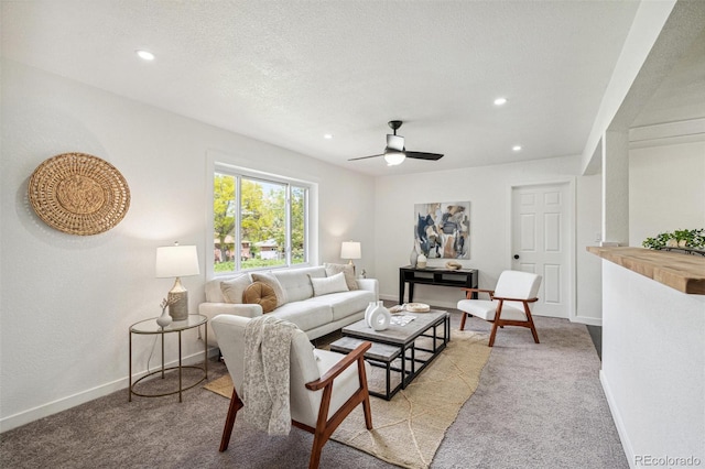 1330 Oak Pl, Thornton, CO 80229 - living room featuring light colored carpet, recessed lighting, baseboards, a ceiling fan, and a textured ceiling